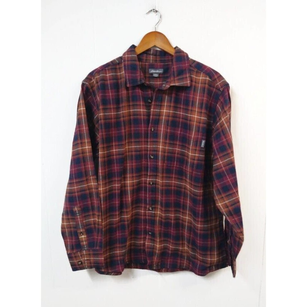 Eddie Bauer Men's XL Shirt Red Plaid Chest Pocket Long Sleeves Button Closure
